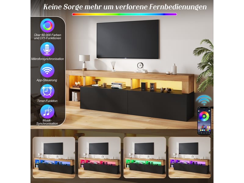 Meuble tv 184x42x58 cm, pour tv jusqu’à 80 pouces, led, 2 portes abattantes, rangements ouverts, passe-câbles, panneau de particules, noir et bois OMNIGLINT TRADING LTD - Conforama E