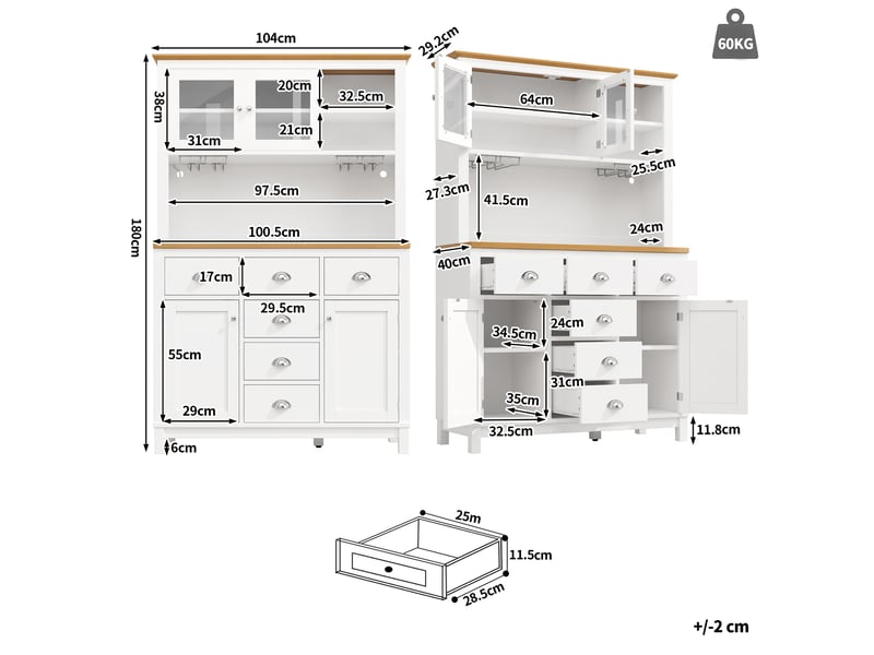  Buffet 104x40x180 cm 4 portes led mdf blanc  - Conforama E