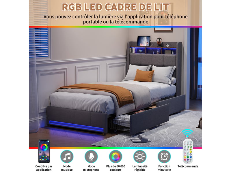  Lit simple coffre 90x200, rangement chevet, 2 tiroirs, éclairage led réglable, ports usb type-c, tissu en lin gris  - Conforama E