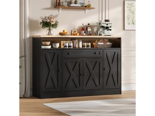 Buffet de cuisine 140x35x95cm avec éclairage led, 1 tiroir, rangements de porte et 4 portes style grange, meuble de rangement, noir