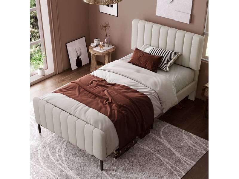  Lit simple 90x200 cm avec sommier à lattes et tête de lit réglable, gris et beige  - Conforama C