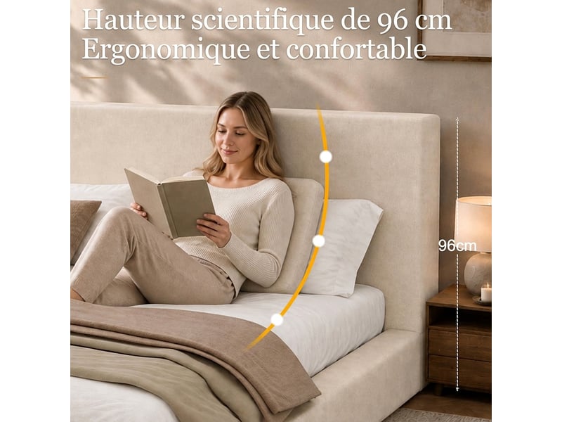 Lit double 160x200 capitonné beige avec sommier à lattes - tissu chenille doux  - Conforama D