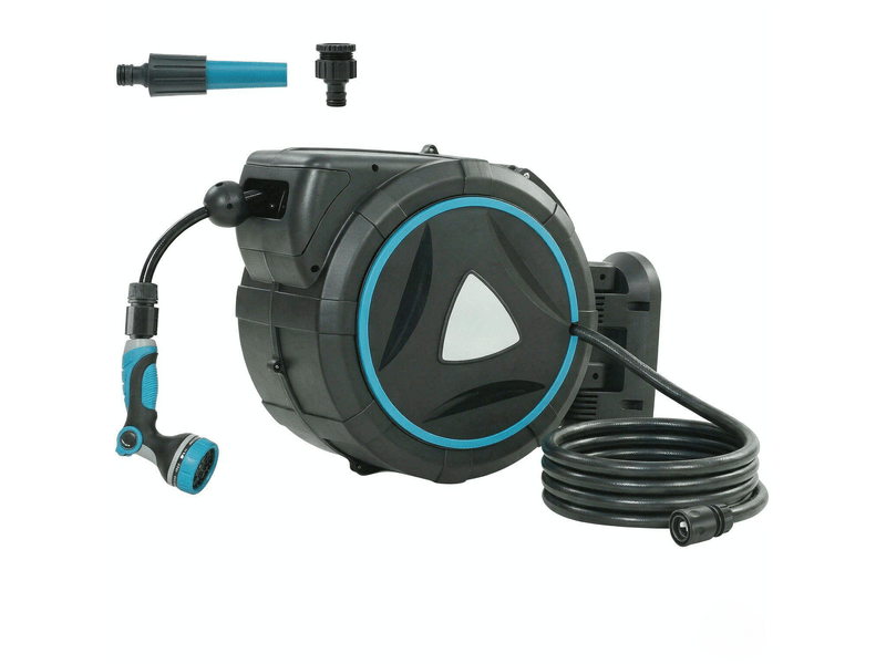  Dévidoir automatique mural 55 x 31 x 50 cm bleu en pvc, tuyau 23 m et pistolet d'arrosage 10 modes  - Conforama A