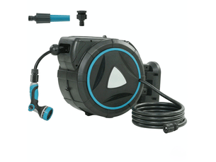 Dévidoir automatique mural 55 x 31 x 50 cm bleu en pvc, tuyau 23 m et pistolet d'arrosage 10 modes
