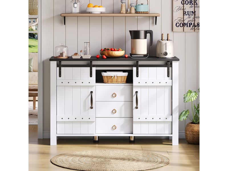 Buffet de cuisine 120 cm blanc rustique, meuble de rangement avec portes coulissantes et 3 tiroirs pour salle à manger - Conforama B