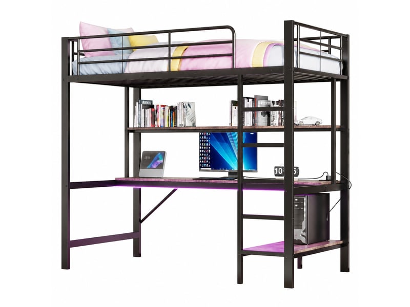 Lit mezzanine enfant 200×90 cm avec bureau, étagères, éclairage led, prises et usb, sans matelas, noir - Conforama A