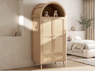 Armoire à 2 portes cintrées avec penderie, niche et 2 tiroirs effet rotin, 80 × 55 × 180 cm, effet chêne et beige
