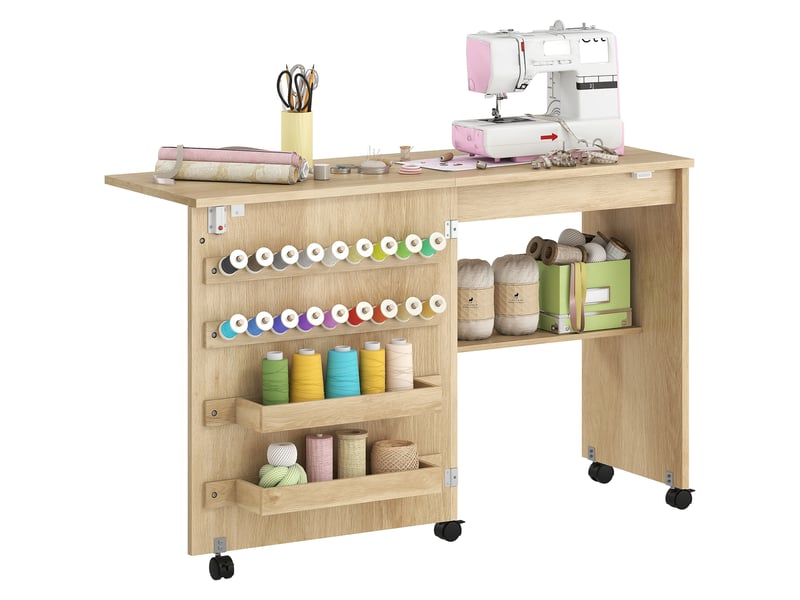 Table de couture pliable mobile 2 bacs 18 porte-bobines étagère naturel - Conforama A