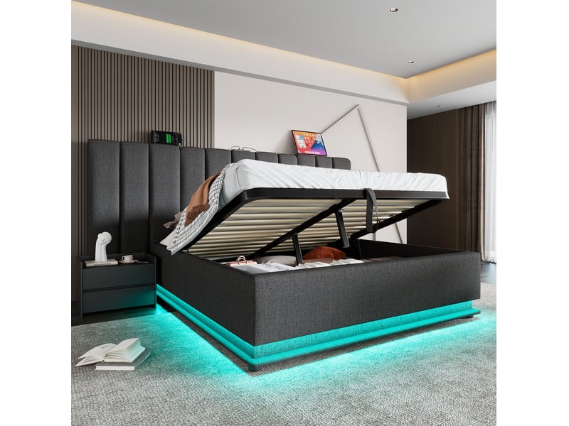  Lit double coffre 180 x 200 cm gris avec matelas, led, usb et usb-c  - Conforama D