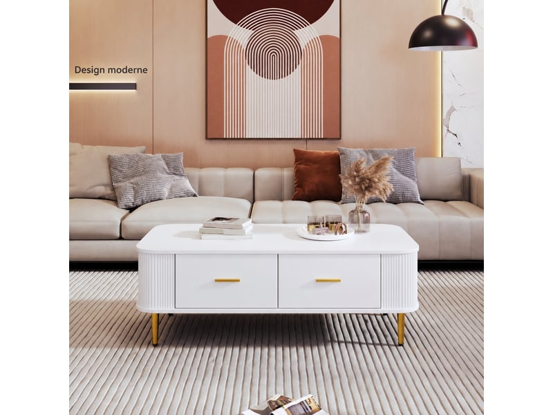  Table basse blanche en mdf avec 4 tiroirs et côtés ondulés, 105 x 51 x 38 cm  - Conforama E