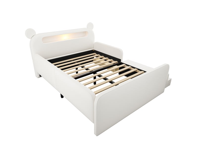  Lit enfant rembourré 140 x 200 cm avec tête de lit ours, veilleuse, port usb, rangement intégré et assise à marche, revêtement simili cuir blanc, pour aménagement intérieur moderne OPULERANE TRADING LTD - Conforama D