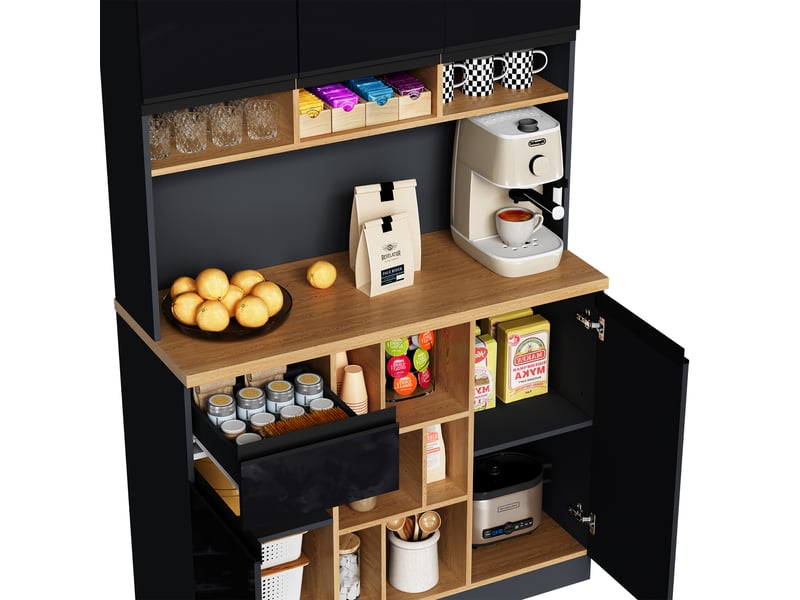 Buffet gris et noir, poignées en métal, 105x45x185 cm, façades brillantes, tiroir, niches et étagères réglables pour cuisine - Conforama E