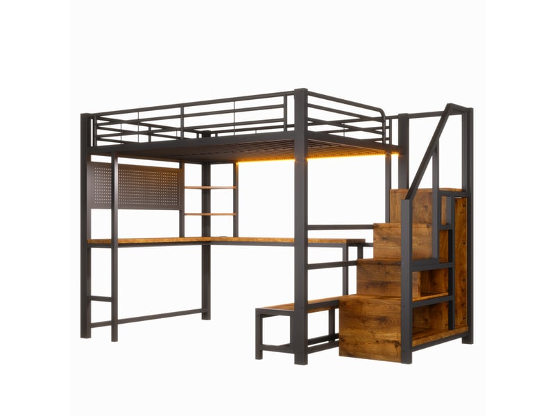Lit mezzanine 140x200 cm avec bureau, rangements, led et prises usb, noir, moderne - Conforama D