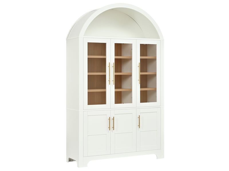  Meuble de rangement blanc, niche supérieure en arc, 3 portes vitrées, 3 portes pleines, étagères réglables, poignées en aluminium  - Conforama D