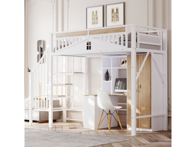  Lit mezzanine 90x200cm coloris blanc métal et bois massif lit enfant blanc - Conforama E