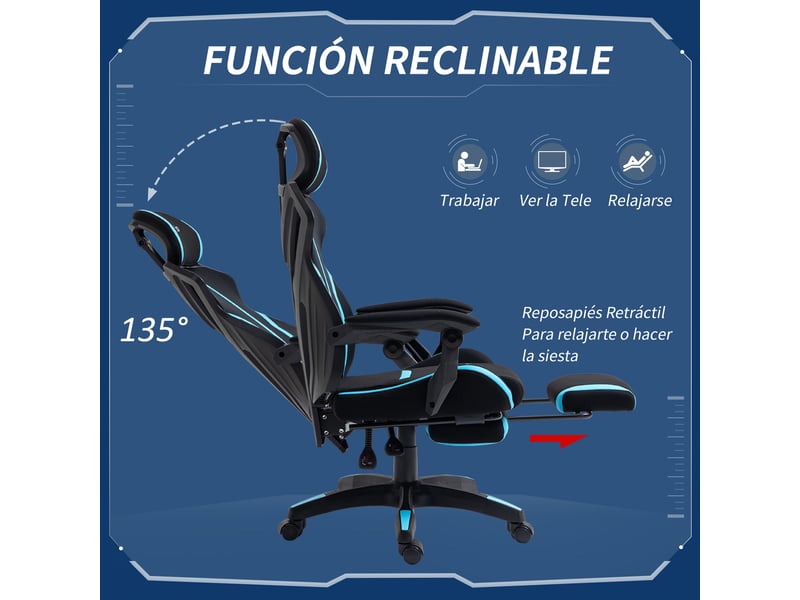  Fauteuil de jeu pivotant et inclinable avec repose-pieds rétractable, appui-tête, hauteur réglable, noir et bleu  - Conforama E