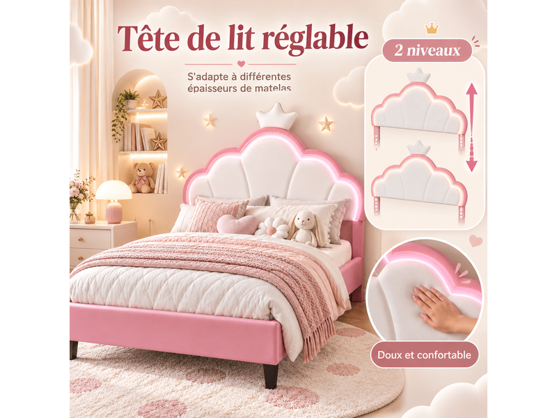  Lit double enfant 140x190 cm, lit capitonné avec sommiers à lattes et dossier, lit fille réglable en hauteur,velours,led,unique,rose lit fille 140x190 cm avec led - lit enfant avec dossier unique - tête de lit couronne réglable …  - Conforama D