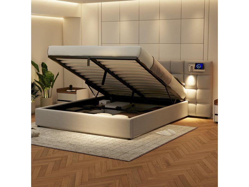  Lit coffre 180x200 cm lin gris avec usb, charge sans fil et lampe intégrée, sommier à lattes, montage facile  - Conforama D