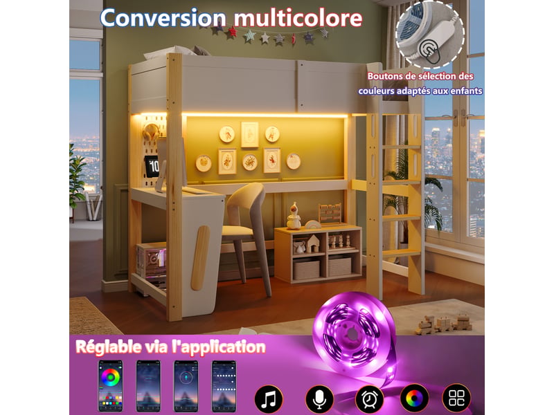 Lit mezzanine 90x200 cm en pin, bureau, panneau perforé, bandeau led, sans matelas, naturel + blanc - Conforama D