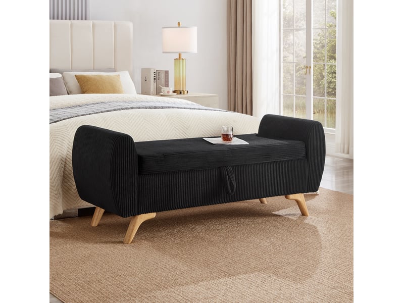  Banquette de rangement pliable 145 x 51 x 57 cm noire en velours côtelé, pieds en bois, chambre et salon  - Conforama B