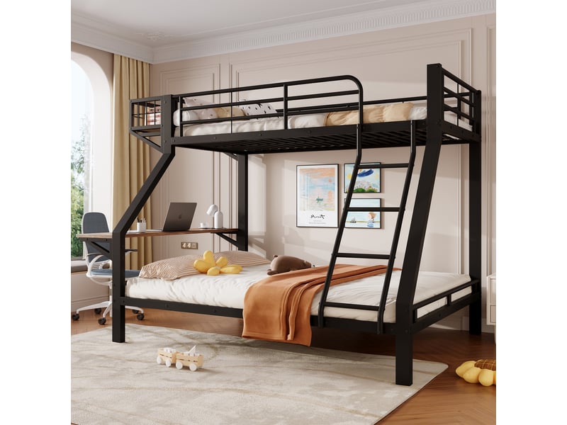 Lit superposé enfant 3 places 90x200140x200 cm avec bureau intégré, niche ouverte, garde-corps, échelle, structure métal et mdf noir - Conforama C
