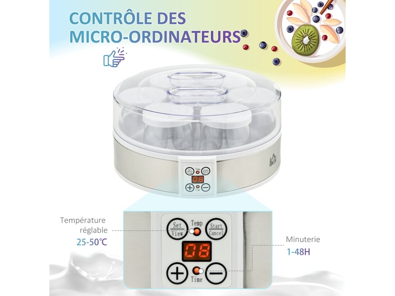  Yaourtière 7 pots de 180ml machine à yaourt électrique en acier inoxydable thermostat réglable blanc 24 x 24 x 13 cm  - Conforama R