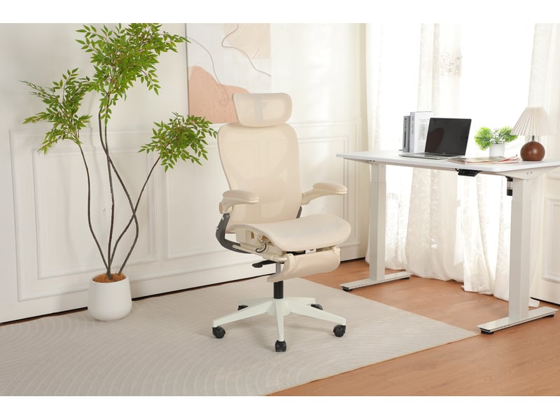  Chaise de bureau ergonomique pliable avec dossier inclinable et soutien lombaire - lpospi - maille - crème  - Conforama B