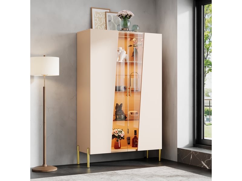  Vitrine led 72 cm en mdf beige et verre brun cuivré, 3 étagères réglables, porte soft-close, style moderne  - Conforama B