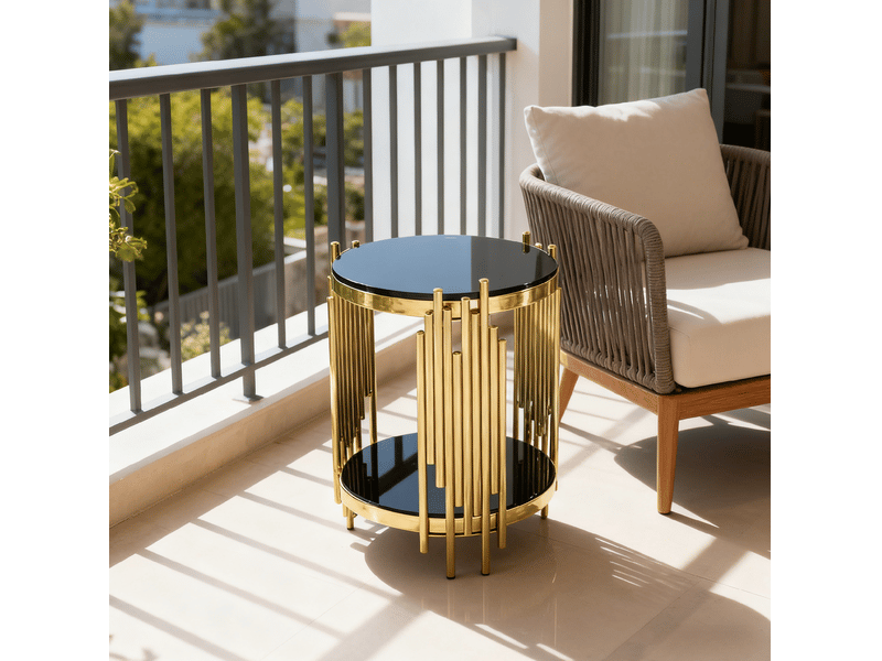  Bout de canapé ulevr rond 2 niveaux avec rangement, verre trempé noir et acier inoxydable doré, ø45 x h55 cm  - Conforama D