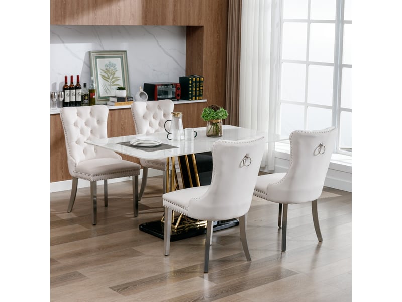  Lot de 2 chaises de salle à manger en velours beige, dossier haut capitonné, clous décoratifs, pieds finition chrome, structure en bois massif  - Conforama C