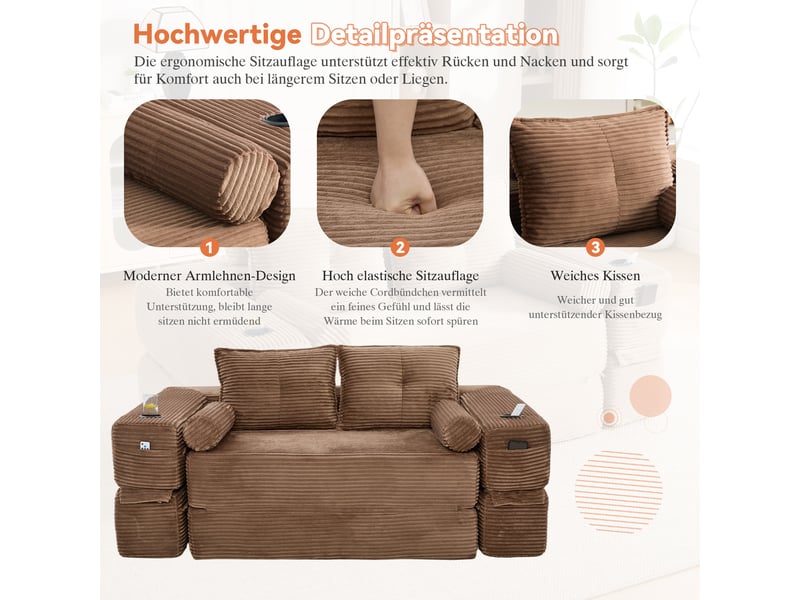Canapé convertible 2 places en velours côtelé marron avec porte-gobelet et pochettes latérales - Conforama D