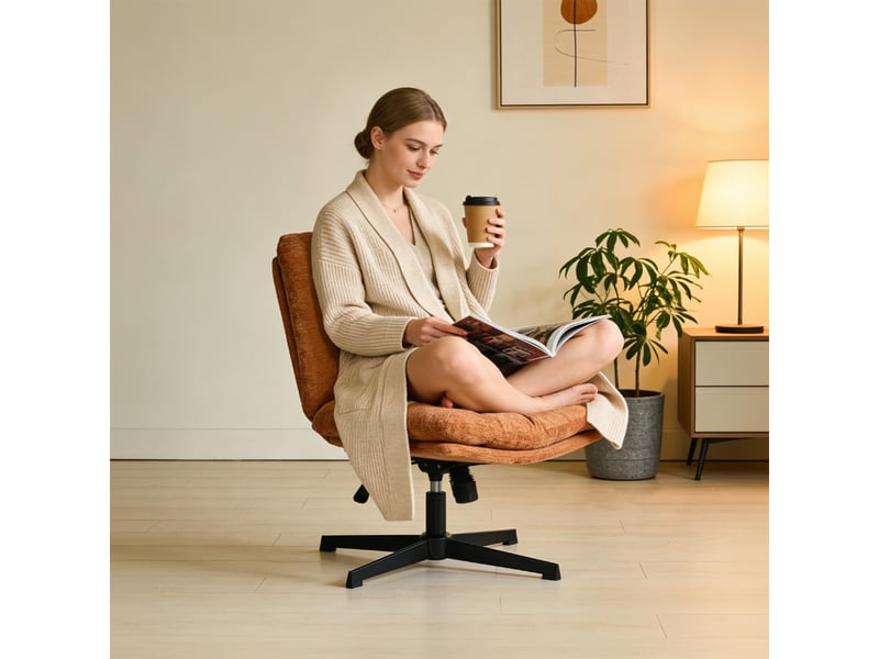 Fauteuil salon pivotant sur 360°, réglable en hauteur, sans accoudoirs, en tissu chenille, rouge - Conforama R