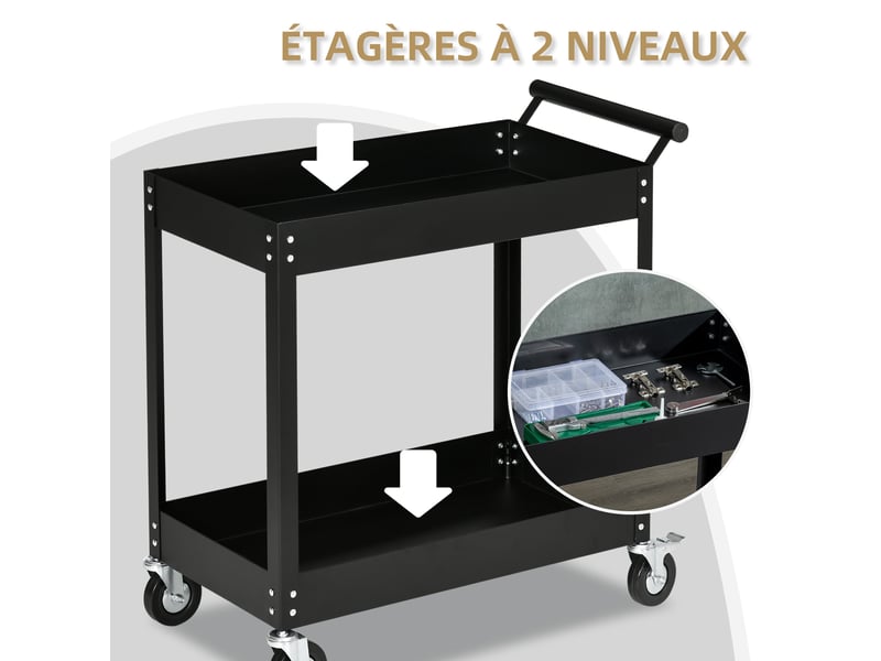  Chariot d'atelier servante atelier à 2 niveaux, poignée latérale et roulettes verrouillables, noir, 84,5x38x84cm  - Conforama A