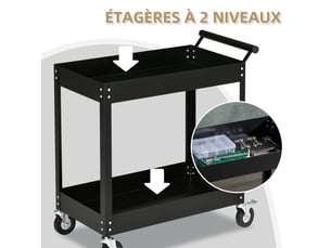Chariot d'atelier servante atelier à 2 niveaux, poignée latérale et roulettes verrouillables, noir, 84,5x38x84cm