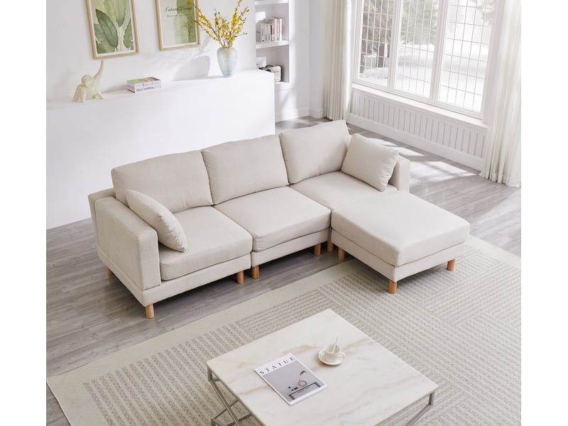 Canapé d'angle 3 places scandinave beige avec pouf 235x152x78 cm - tissu polyester et pieds en bois massif - Conforama B