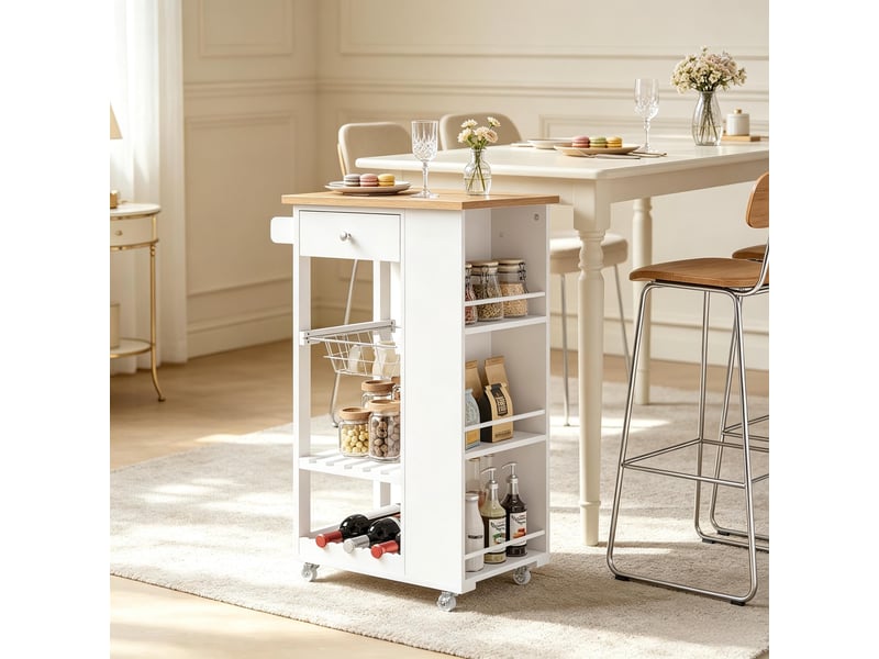 Desserte de cuisine avec 1 tiroir, 1 panier à fruits, 1 casier à vin, étagères et roulettes pour cuisine et salon - Conforama C