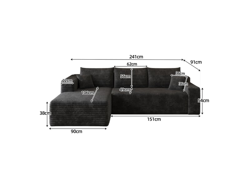  Canapé d'angle en l 241 cm noir en velours côtelé, design cloud, mousse haute élasticité, sans montage Fay Lum - Conforama C