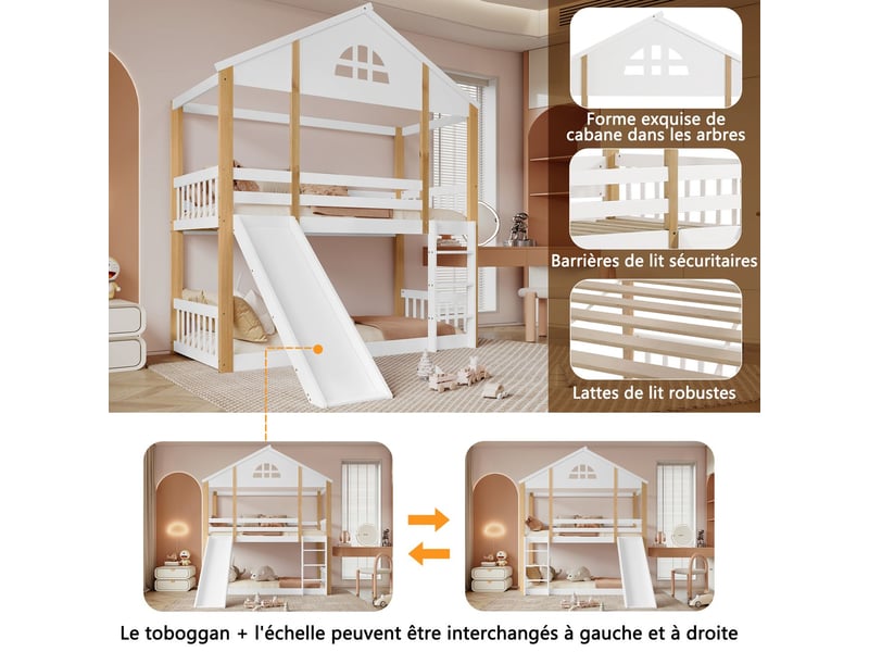  Lit superposé 90x200cm - style maison avec toboggan - lit superposé enfant - fenêtre, échelle inclinée, bois massif blanc et naturel  - Conforama D