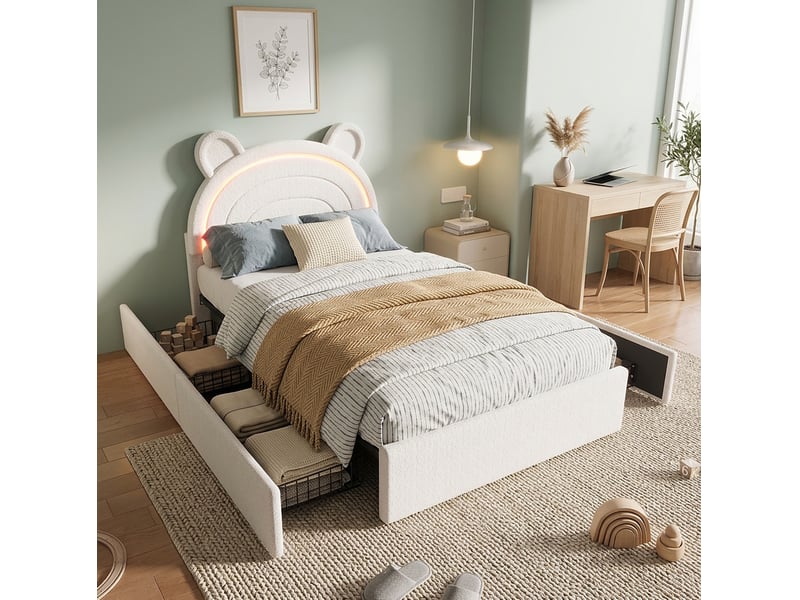  Lit enfant rembourré 90 x 200 cm beige en velours, tête de lit ours, 4 tiroirs et éclairage led pilotable par application  - Conforama D