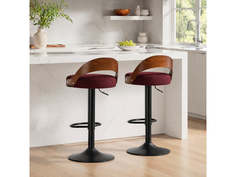  Lot de 2 tabourets de bar pivotants à hauteur réglable - lpospi - dossier ergonomique, lin, rouge vin  - Conforama C