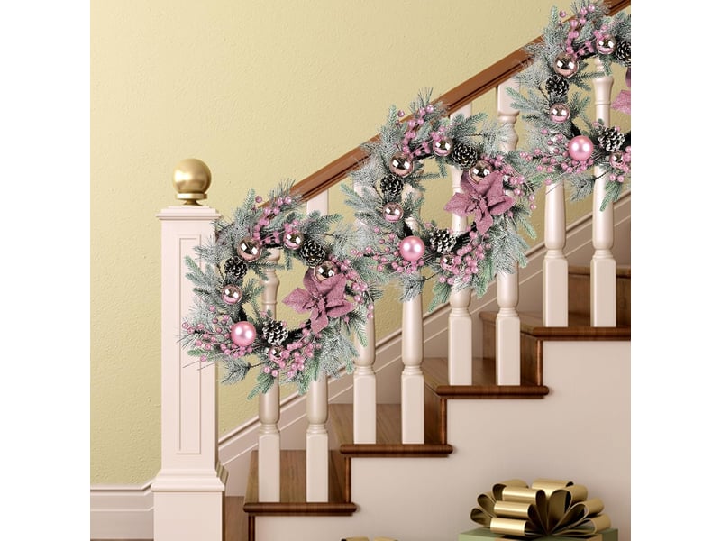  Lot de 2 couronnes de noël roses 50 cm avec lumières led, boules, pommes de pin et baies, décoration porte intérieur extérieur  - Conforama B