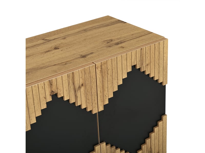  Buffet moderne 140x40x70cm meuble rangement bois noir avec portes push-open et design losange pour salon  - Conforama R