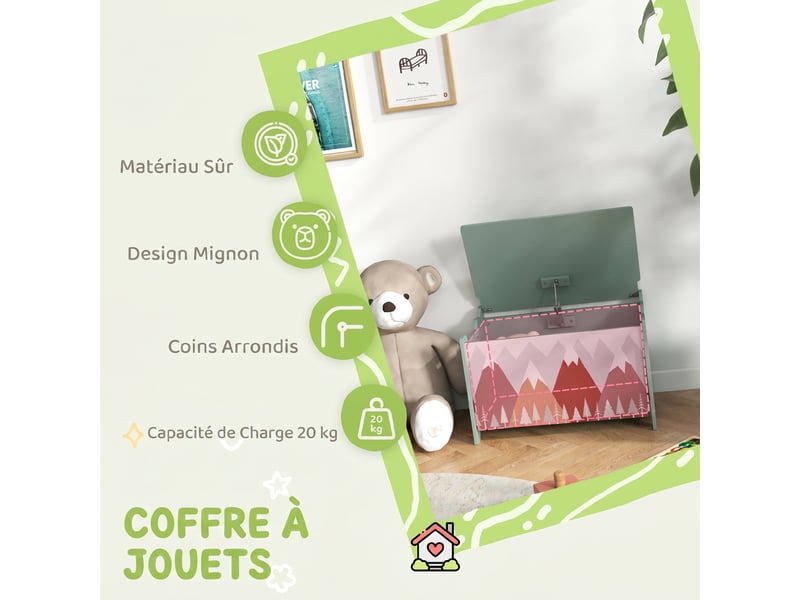  Coffre à jouet enfant coffre de rangement enfant couvercle rabattable motif de forêt coins arrondis 60 x 37 x 39 cm vert  - Conforama E