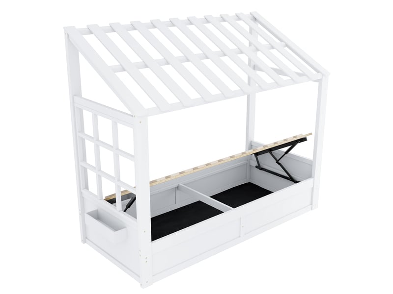  Lit cabane enfant 90 × 200 cm 1 place avec coffre hydraulique, rangements latéraux et fenêtre, sans matelas, blanc  - Conforama E