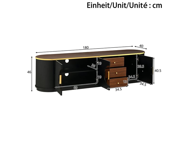  Meuble tv avec 3 tiroirs, 3 portes, passe-cables integre, mdf noir et verre brun, 180x40x46 cm  - Conforama C