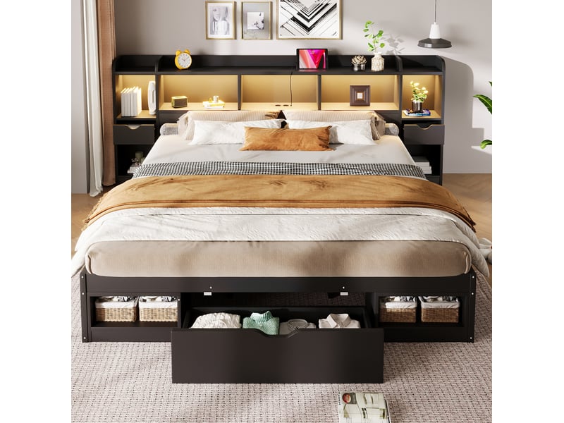  Lit plateforme modenvie 180 x 200 cm avec tête et pied de lit avec rangements, 3 tiroirs, éclairage led et prise usb, noir  - Conforama D