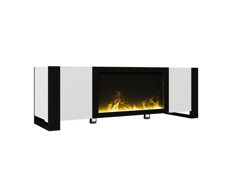 Meuble tv avec cheminée électrique 165 cm blanc brillant et noir effet flamme sans chauffage - Conforama W