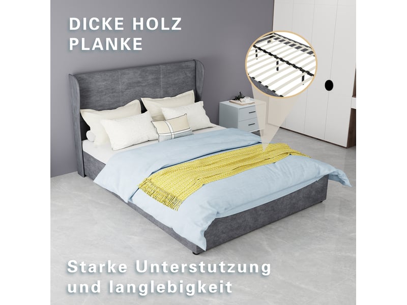  Lit coffre 140x200 cm avec tête de lit, matelas inclus, coloris gris  - Conforama D