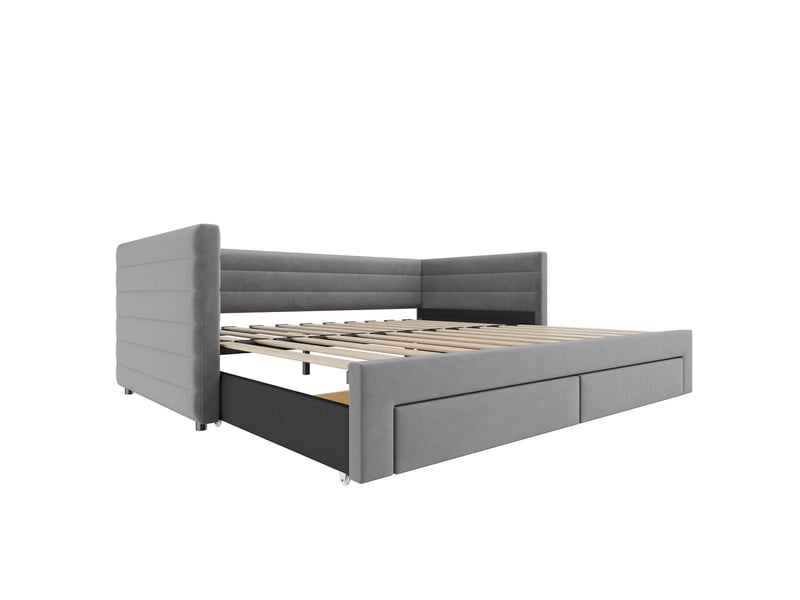 Canapé-lit convertible 3-en-1 90/180x190 cm avec 2 tiroirs, tissu coton-lin gris, sans matelas - Conforama E