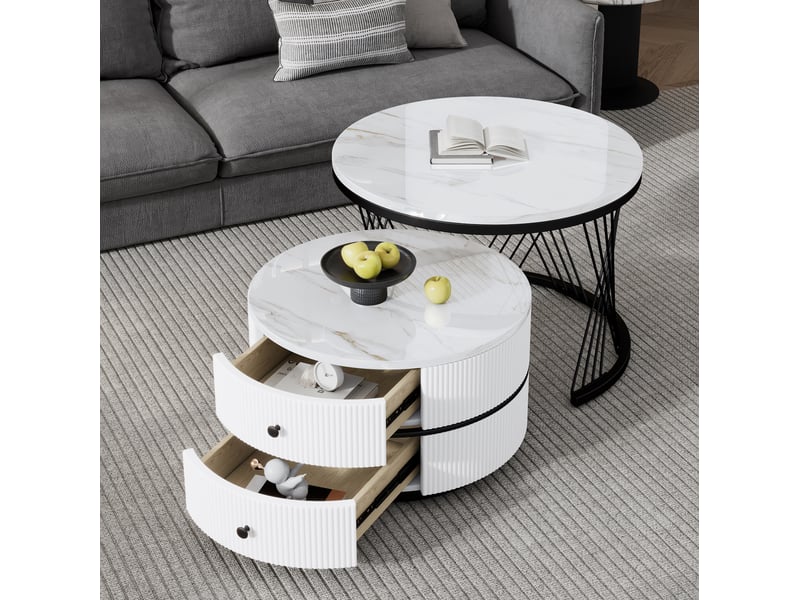  Lot de 2 tables basses gigognes rondes blanches avec 2 tiroirs, 60 x 60 x 46 cm et 50 x 50 x 31 cm  - Conforama B
